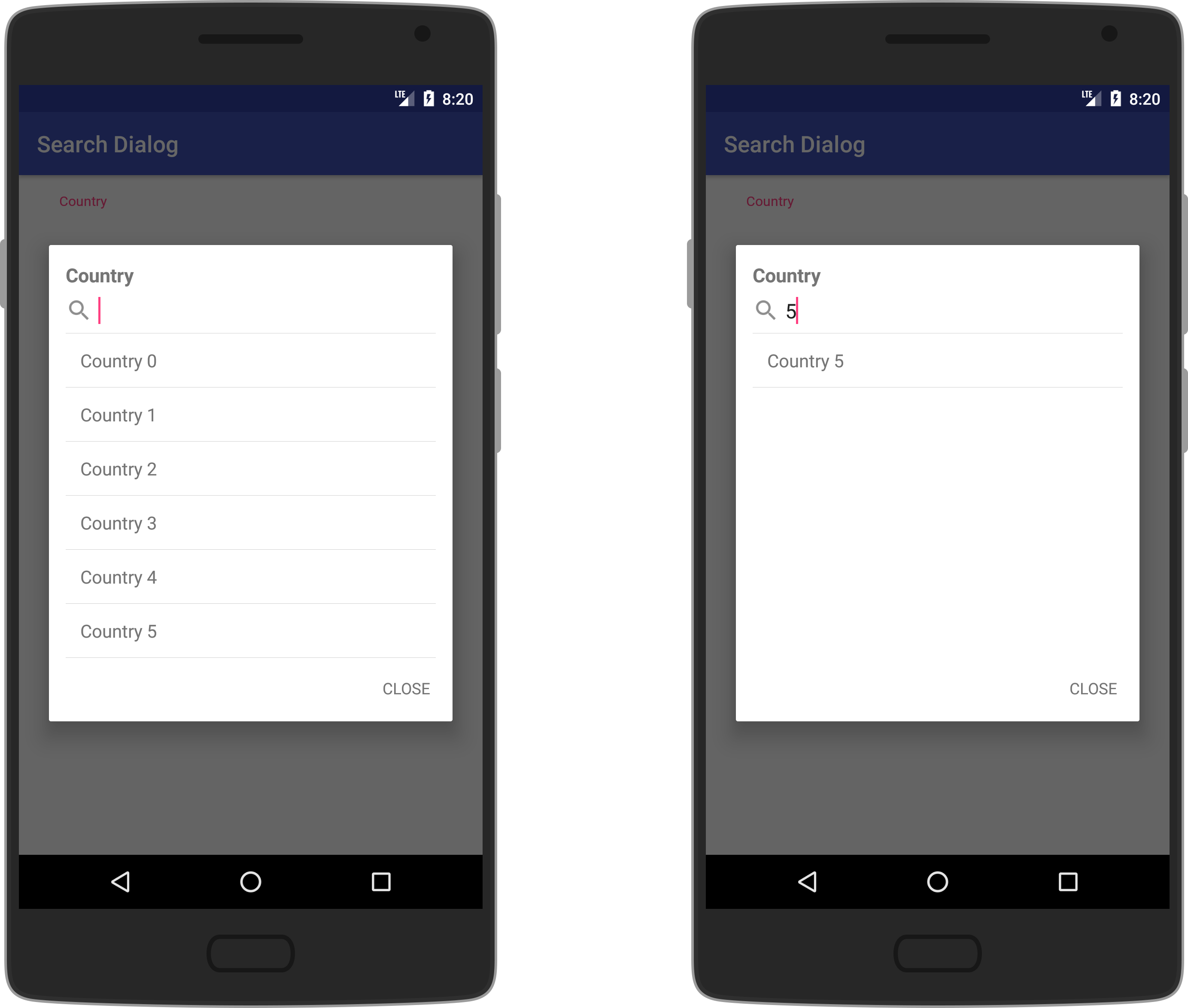 SearchDialog running on an Android device, with a searchable list of countries